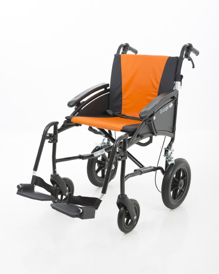 Excel G-Logic Lightweight Transit Wheelchair With Black Frame and Orange Upholstery 20'' Seat